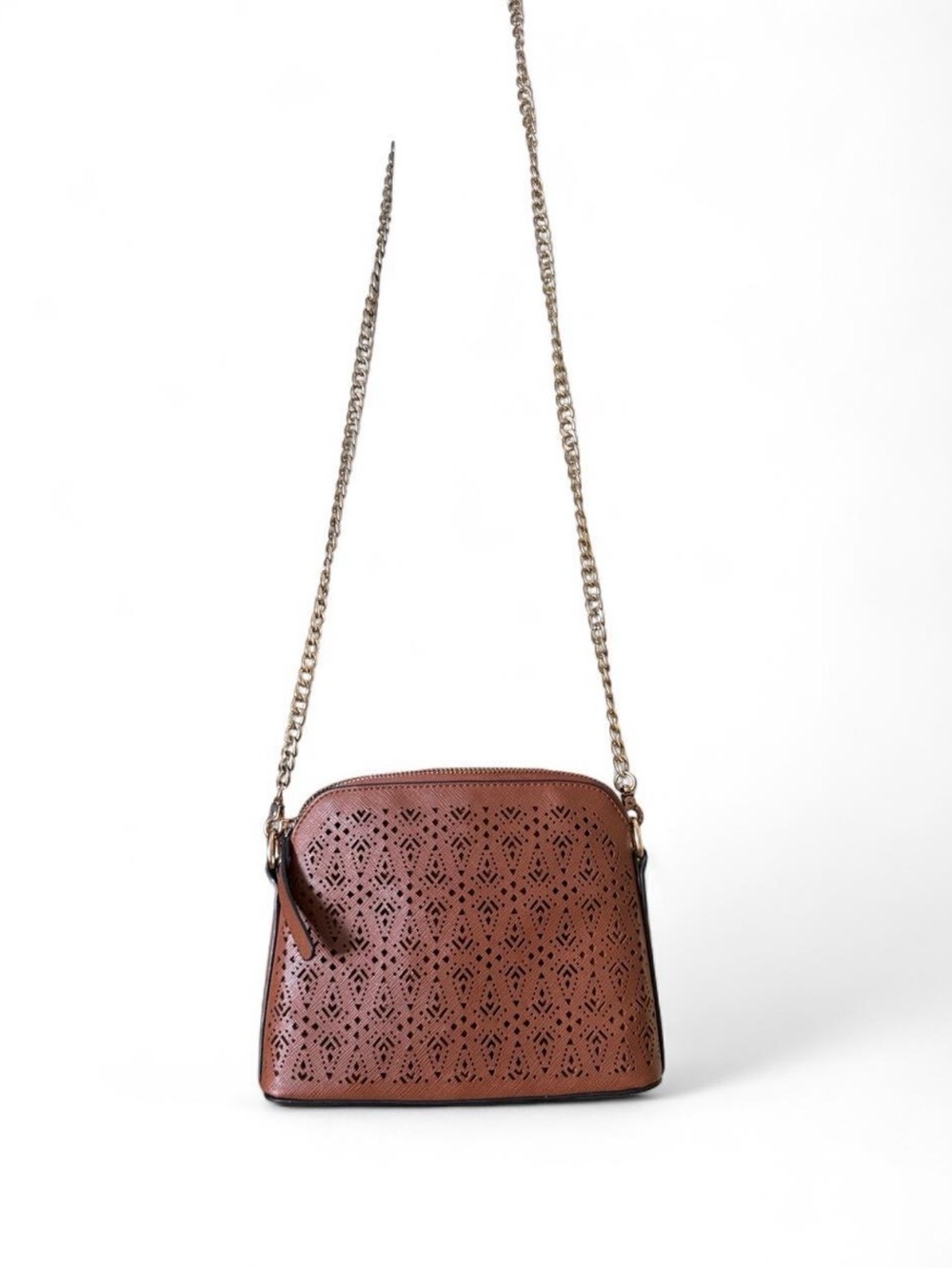 Brown Laser-Cut Crossbody Bag with Chain Strap